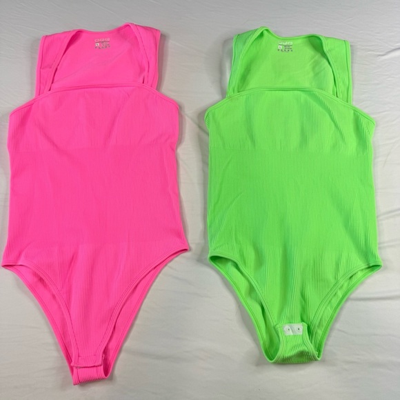 Tiktok Viral Set of two Ribbed Bodysuit Stretchy Ribbed Large Pink Green snap - Picture 10 of 10